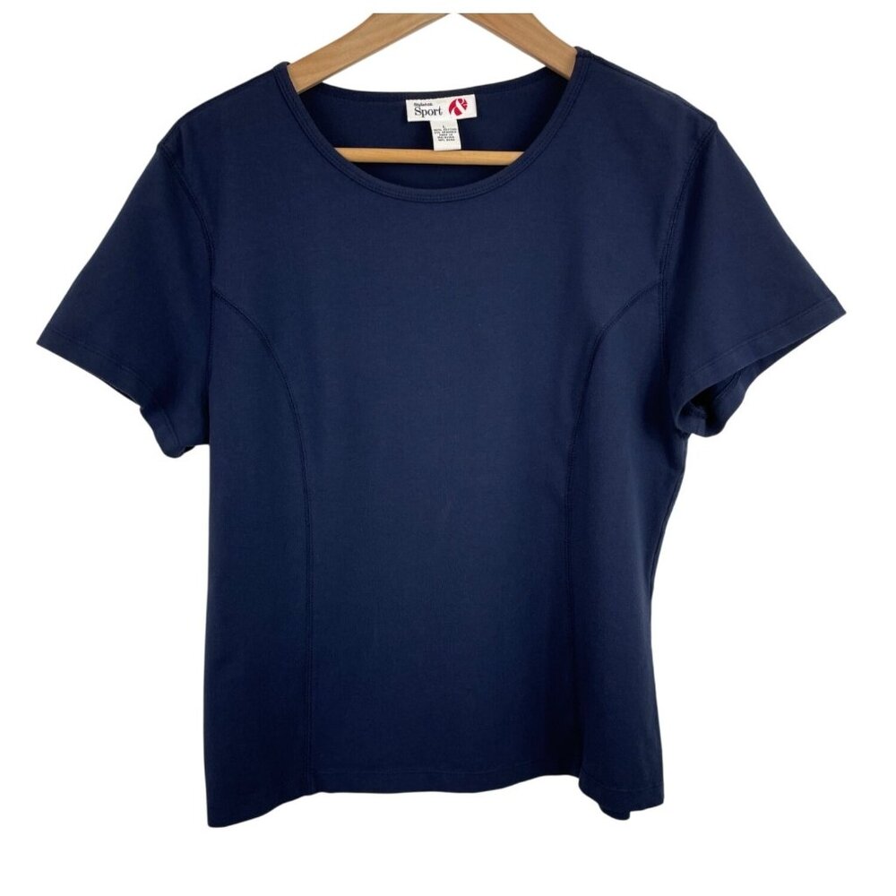 Style & Co Sport Womens Navy Blue Short Sleeve Fitted Shirt Womens Size L
